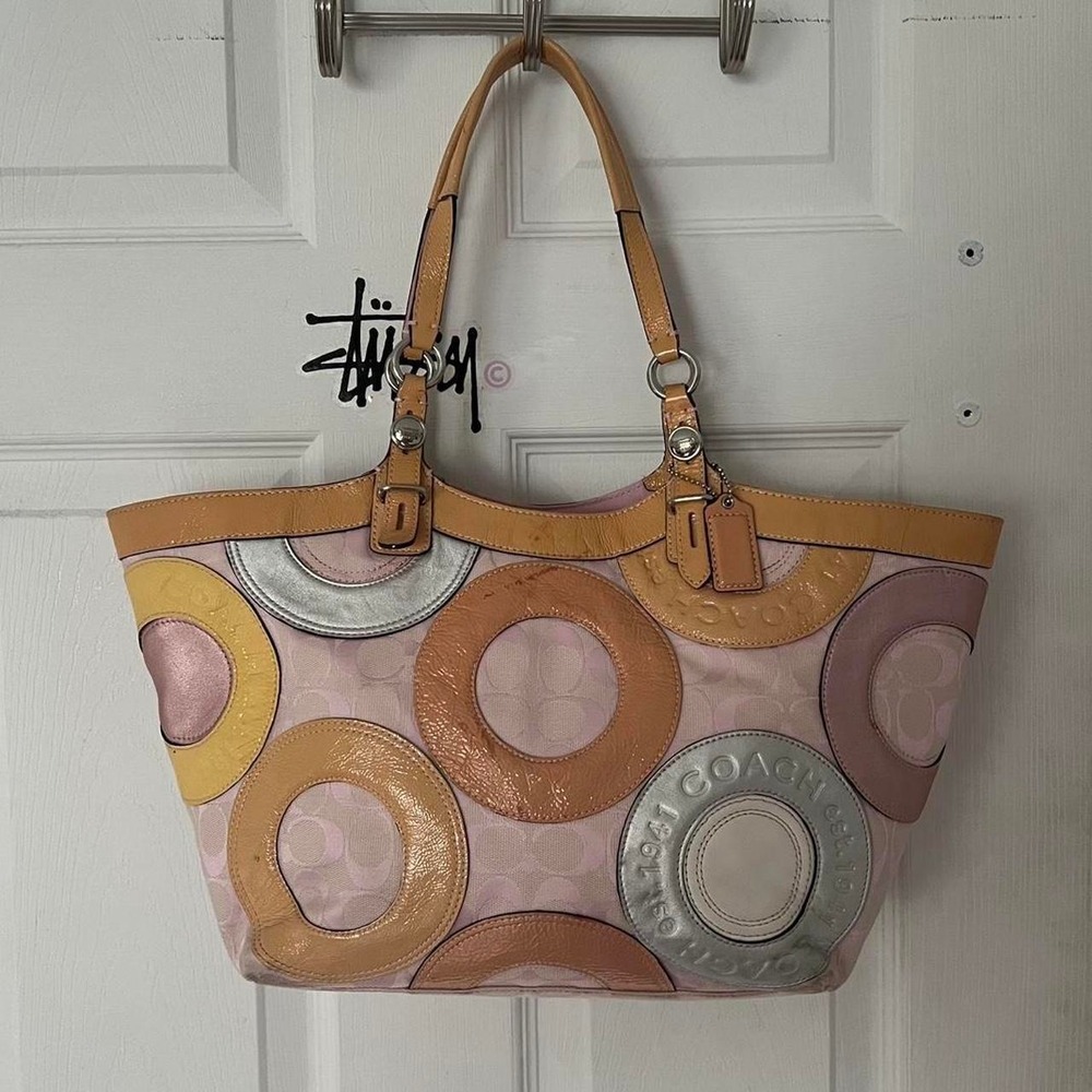 y2k 2000s Coach Pink/Multicolor Carly Signature C Canvas/Patchwork tote handbag